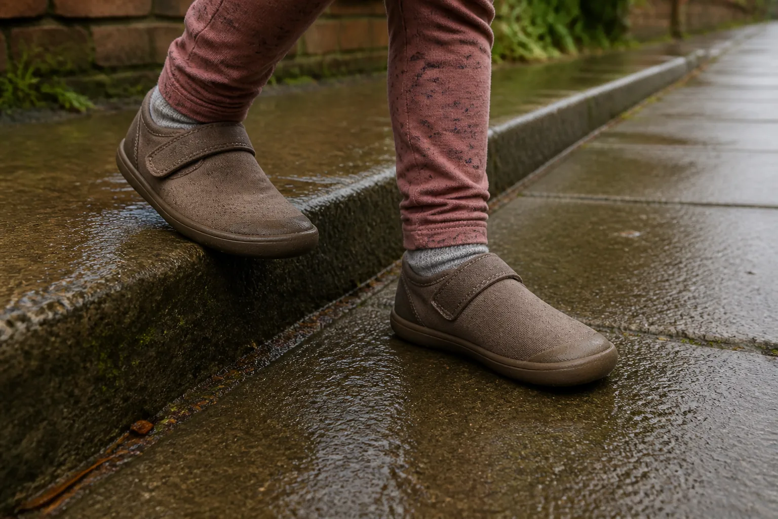 Child's feet in wide toe box barefoot shoes stepping off a wet kerb onto a pavement