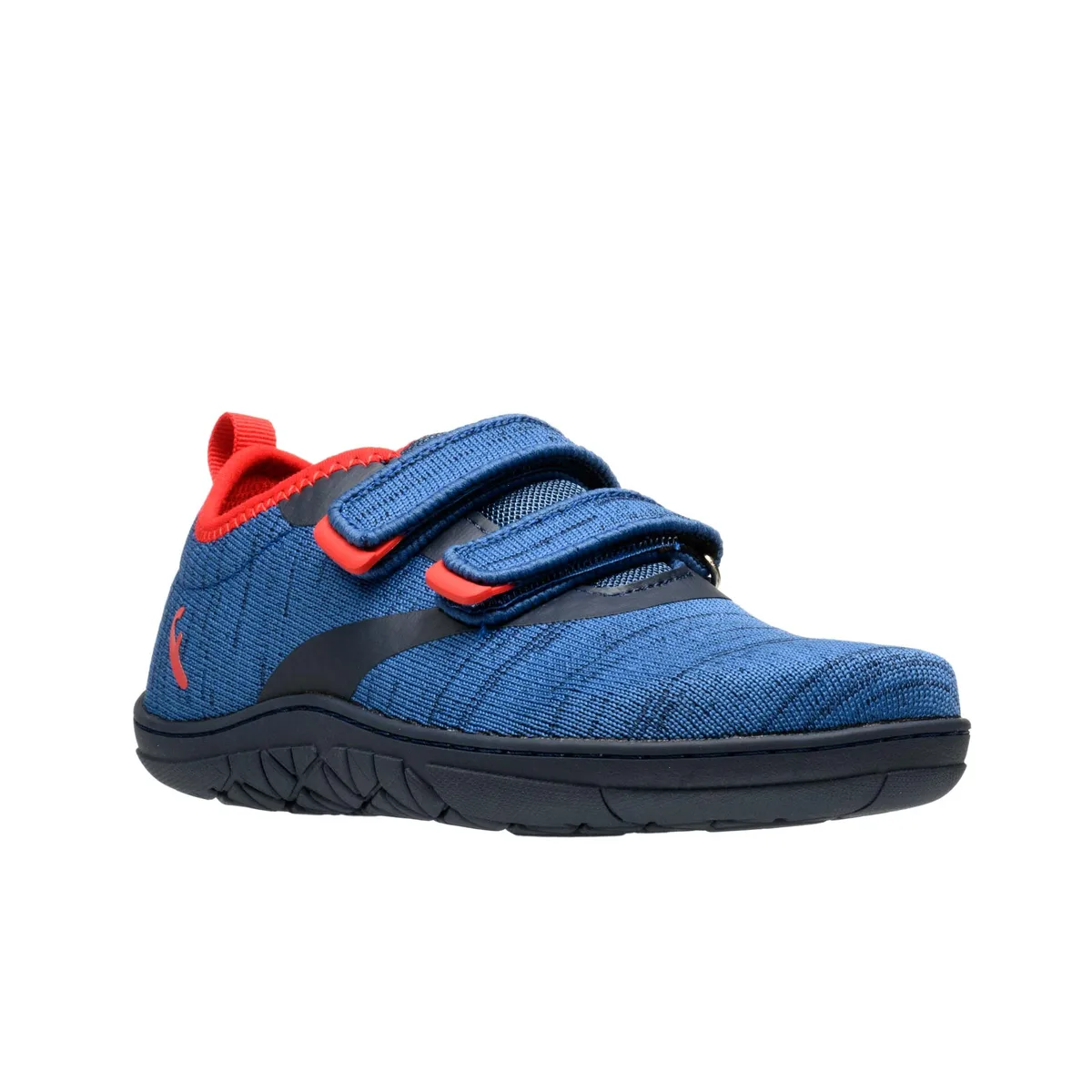 Blue Freet Hoppee Junior barefoot shoe with a wide toe box and two Velcro straps