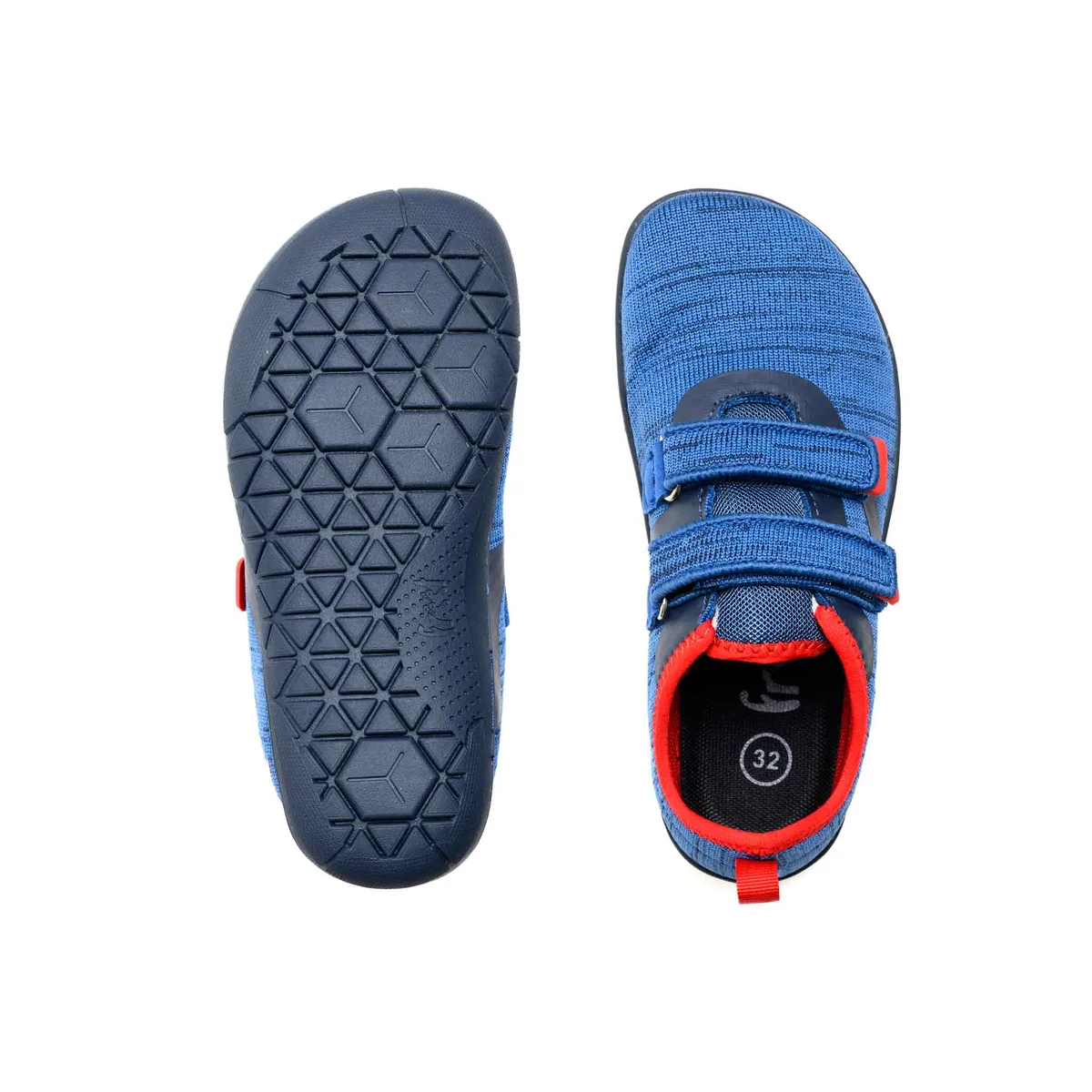 Blue Freet Hoppee Junior barefoot shoe shown from above beside its wide flexible outsole