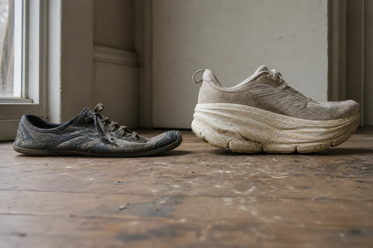 A thin flat minimalist running shoe next to a thick foam maximalist running shoe