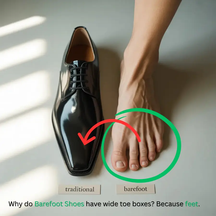 a picture of a foot next to a traditional pointy formal shoe demonstrating the absurdity of trying to squeeze healthy feet into such a tight space.