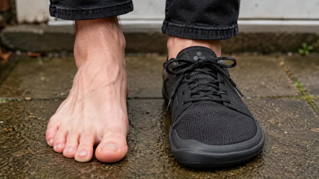 One bare foot beside a foot wearing a wide toe-box barefoot shoe