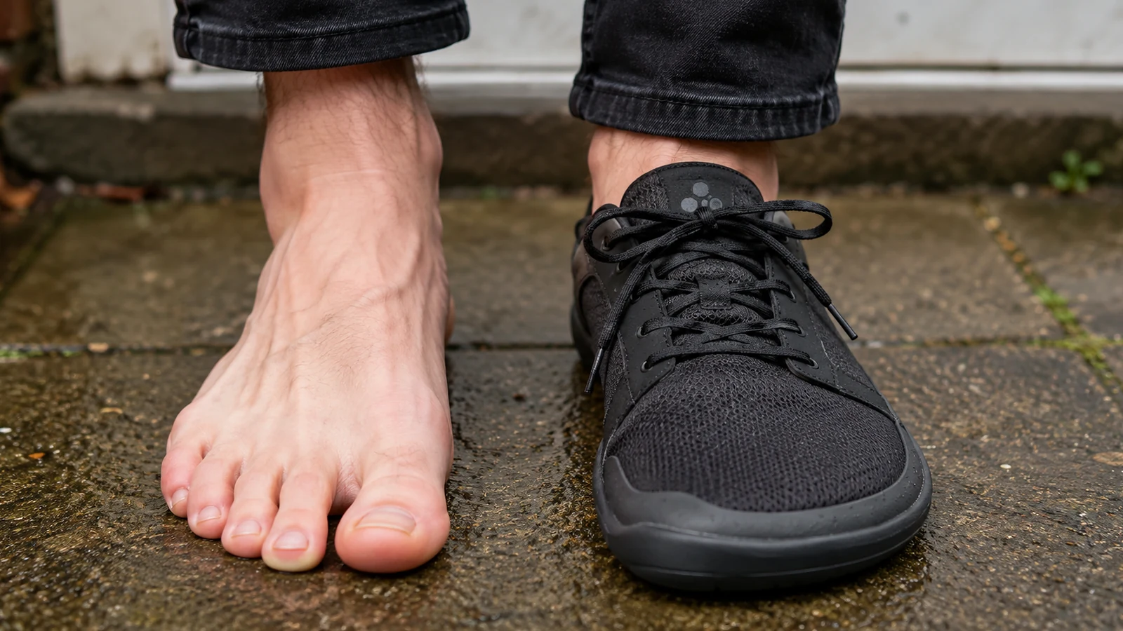 One bare foot beside a foot wearing a wide toe-box barefoot shoe