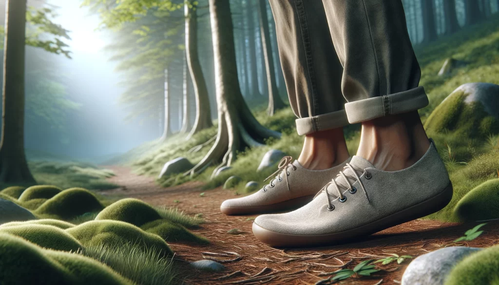 Comparison of barefoot shoes vs traditional footwear showing natural foot positioning