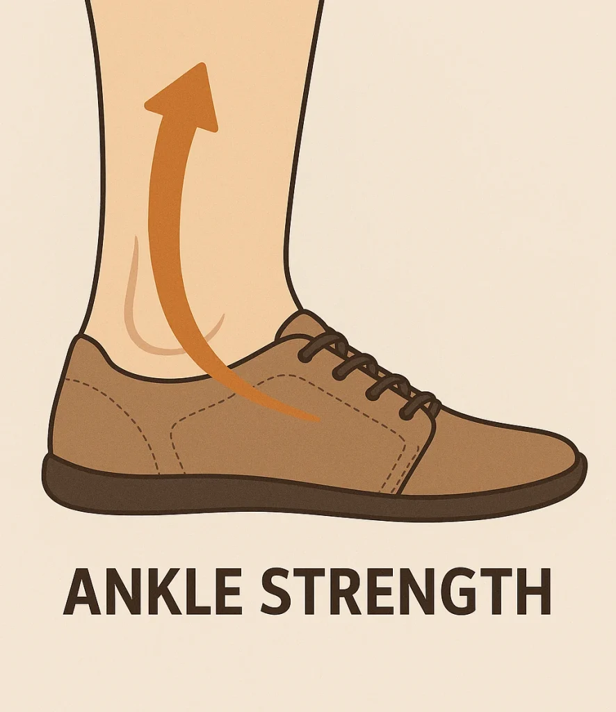 a graphic showing a leg with a shoe indicating through it that barefoot shoes increase ankle strength