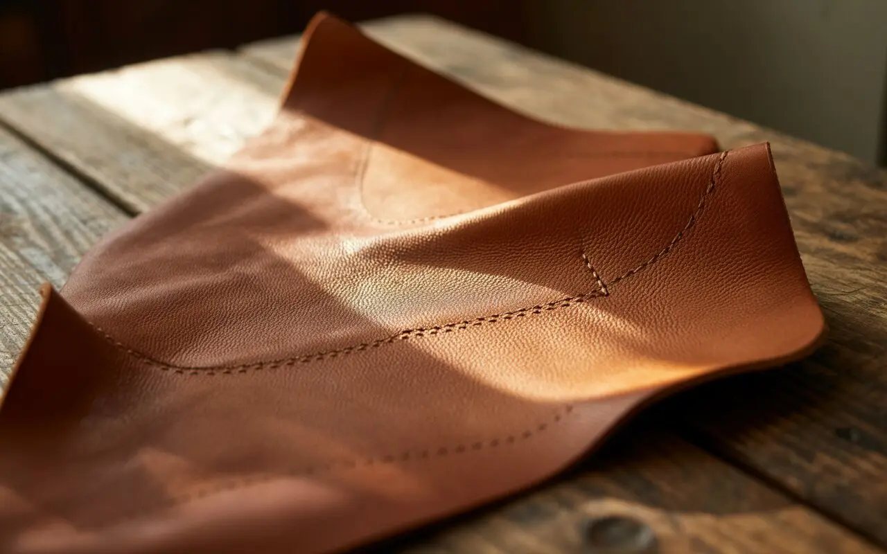 a sheet of premium quality leather used in making barefoot shoes in a workshop on a wooden workbench