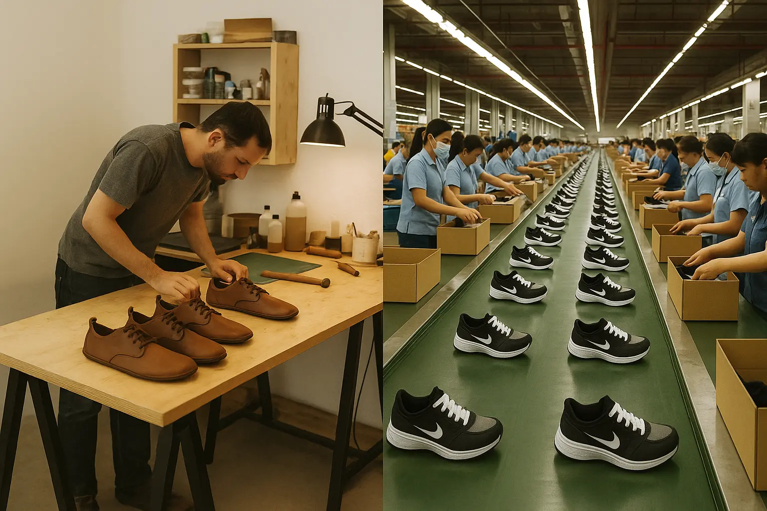 side by side comparison of a barefoot shoe workshop and a nike mass production factory
