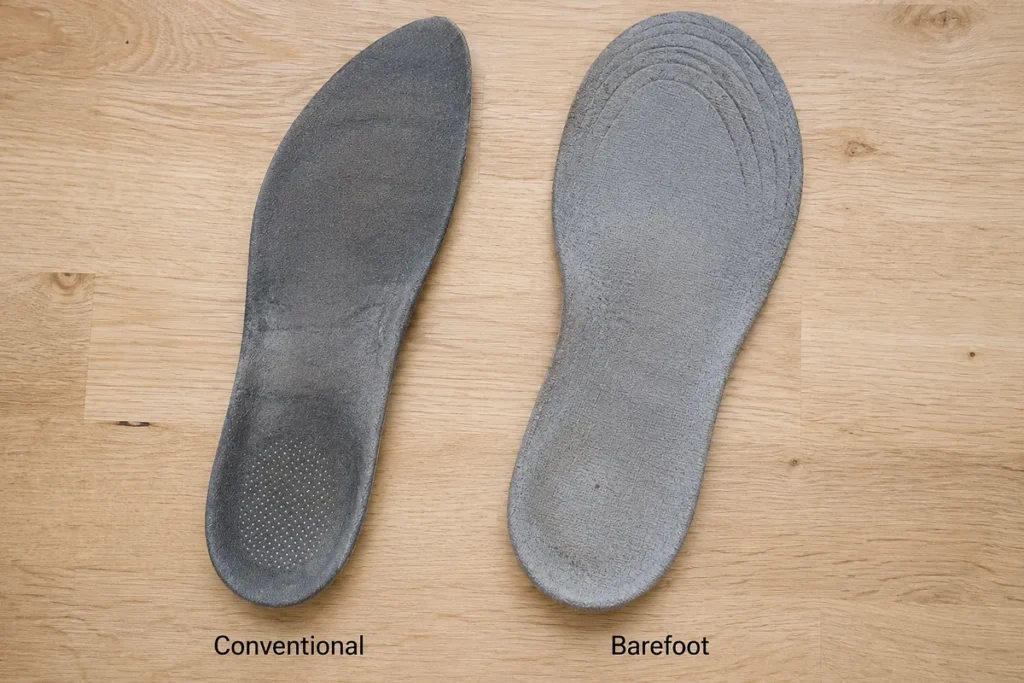 Conventional narrow insole compared with a wide barefoot shoe insole