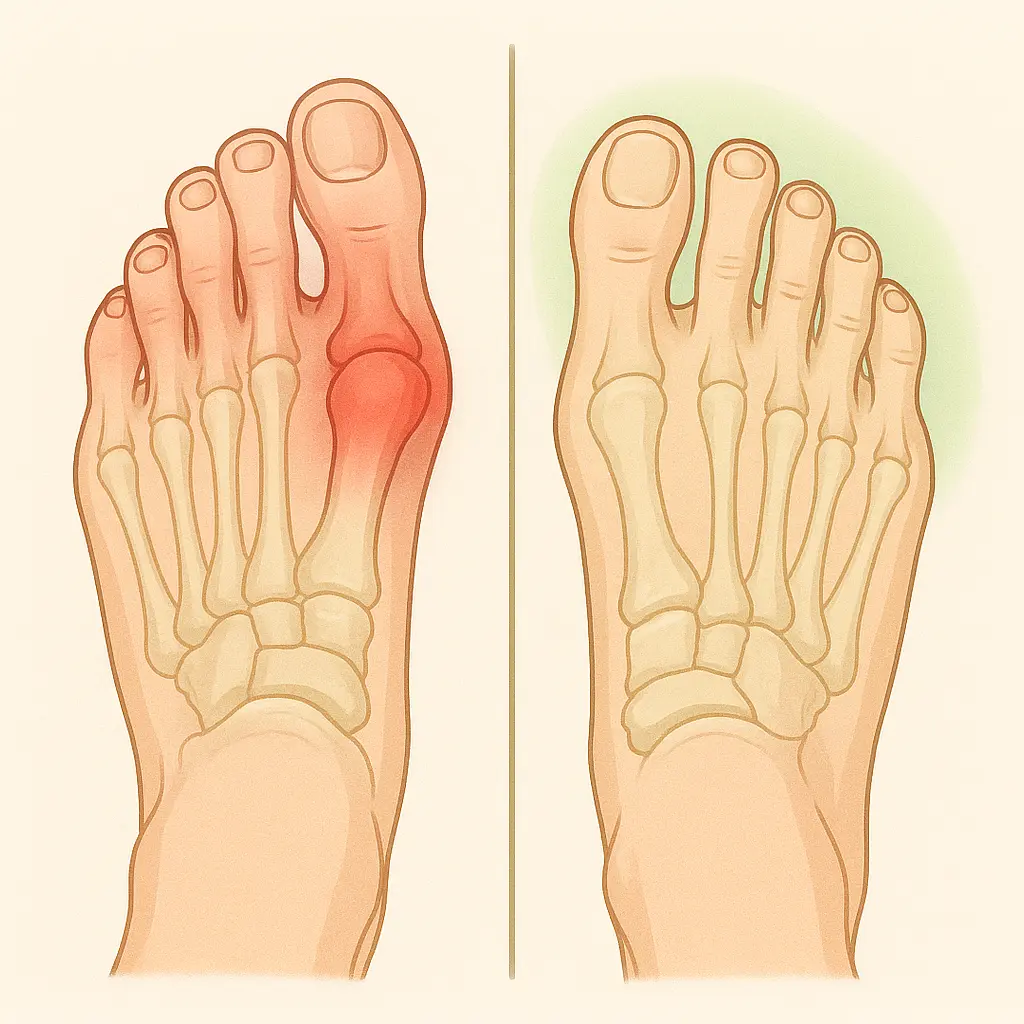 Medical illustration showing foot transformation: left side shows compressed toes with bunions and deformities, right side shows healthy foot with natural toe splay