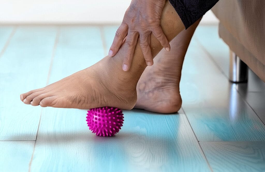 Senior performing foot strengthening exercises