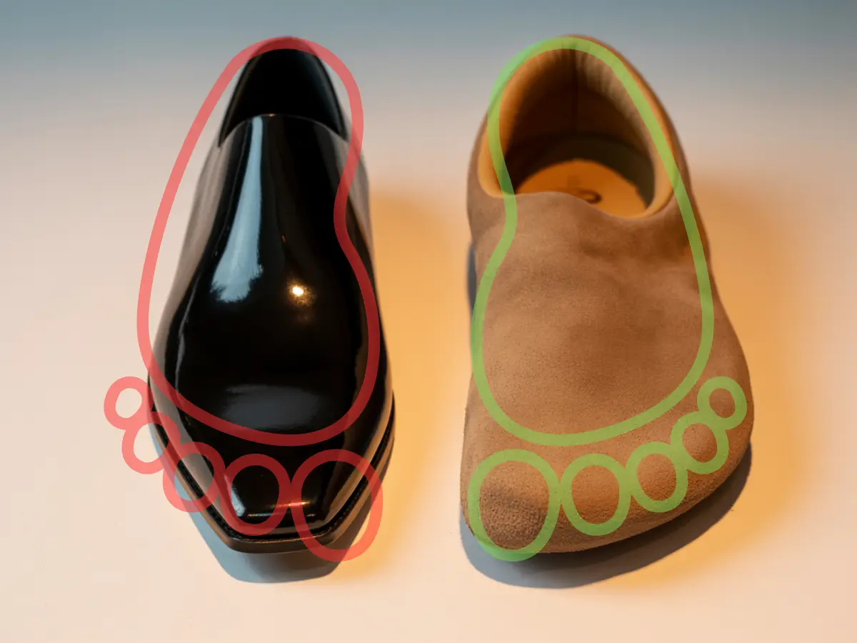 a side by side comparison graphic overlayed on top of a traditional shoe right next to a barefoot shoe. this graphic shows how traditional shoes can't contain a healthy foot without deforming it.