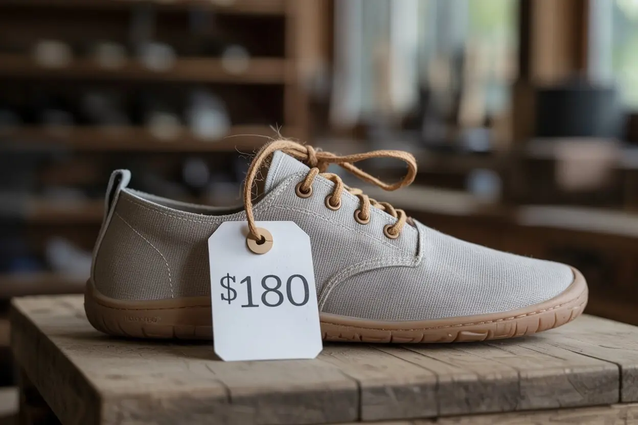 close-up of a eco friendly barefoot shoe with a price tag of 180 dollars