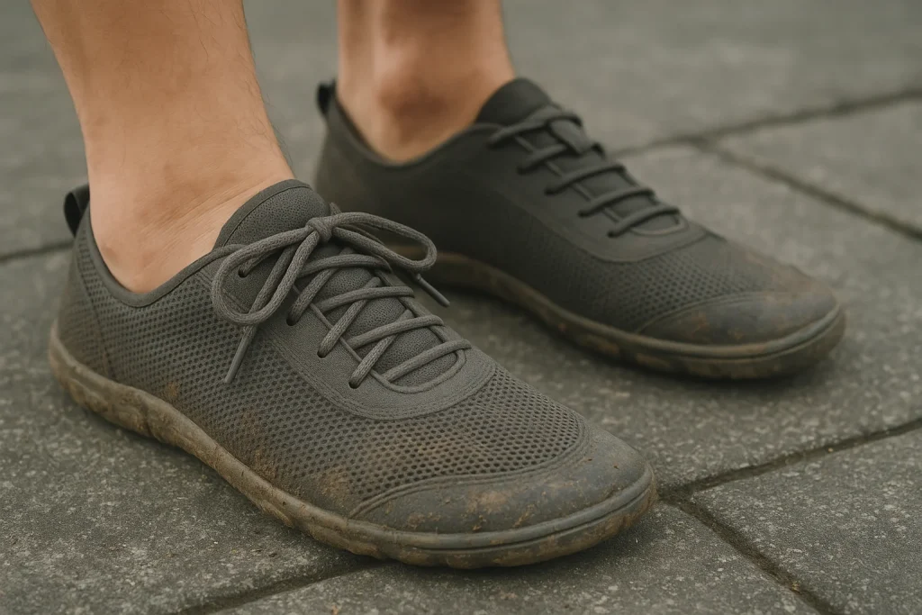 Barefoot shoe with traditional laces vs the same shoe converted to elastic slip-on, side-by-side.