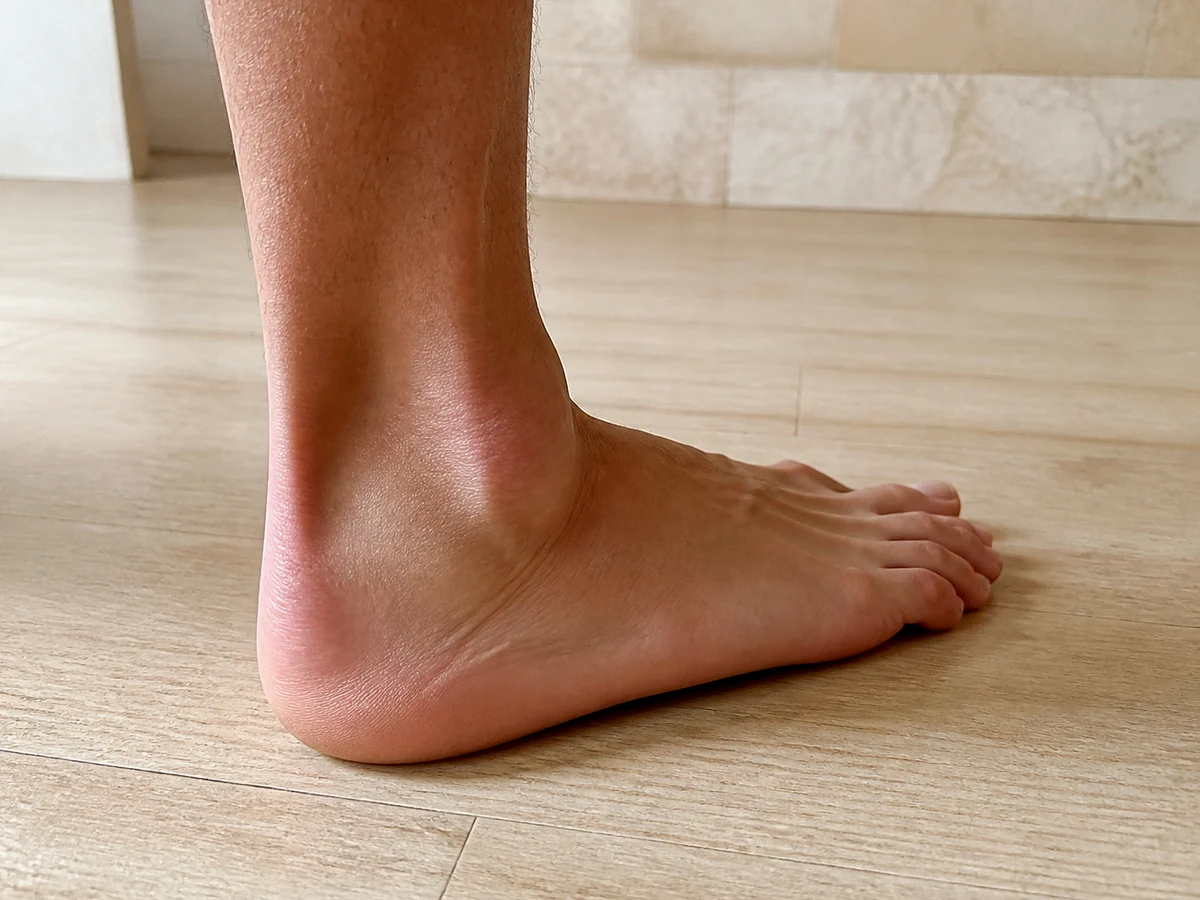 Bare adult foot with a low arch standing on a wooden floor