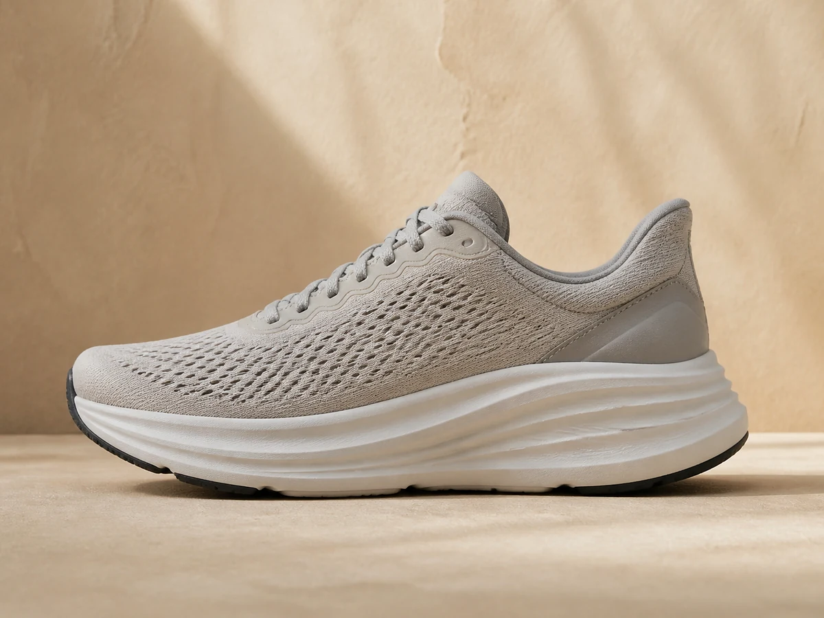 Cushioned running shoe with a thick raised heel, side view