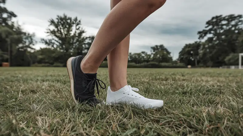 A photo of a woman with one foot regular shoe and the other wearing a minimalist shoe. She is standing on a grassy field. The sky is cloudy.