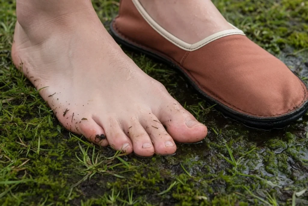 A bare foot and a foot in a thin barefoot shoe standing on the same patch of wet grass, the shoe's rubber sole separating skin from ground
