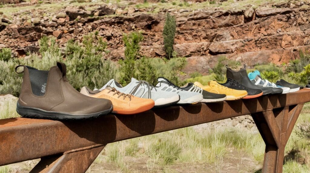 a photo of multiple pairs of barefoot shoes aligned, each for a different activity