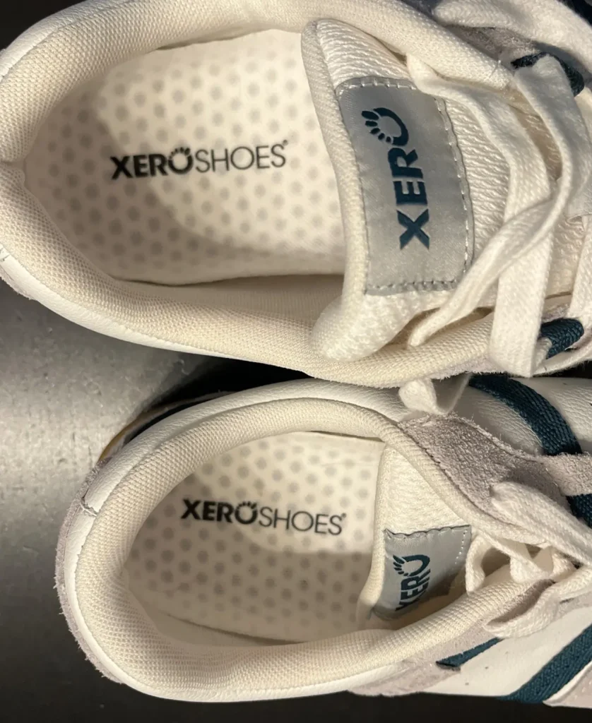 xero shoes kelso closeup on the interior, showing the white insoles