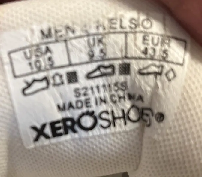 close-up of the xero shoes kelso tongue showing the sizing label