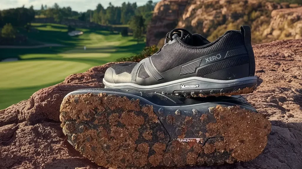 Xero Shoes Scrambler Low EV on a golf fairway, with muddy soles. showcasing its suitability for golf.
