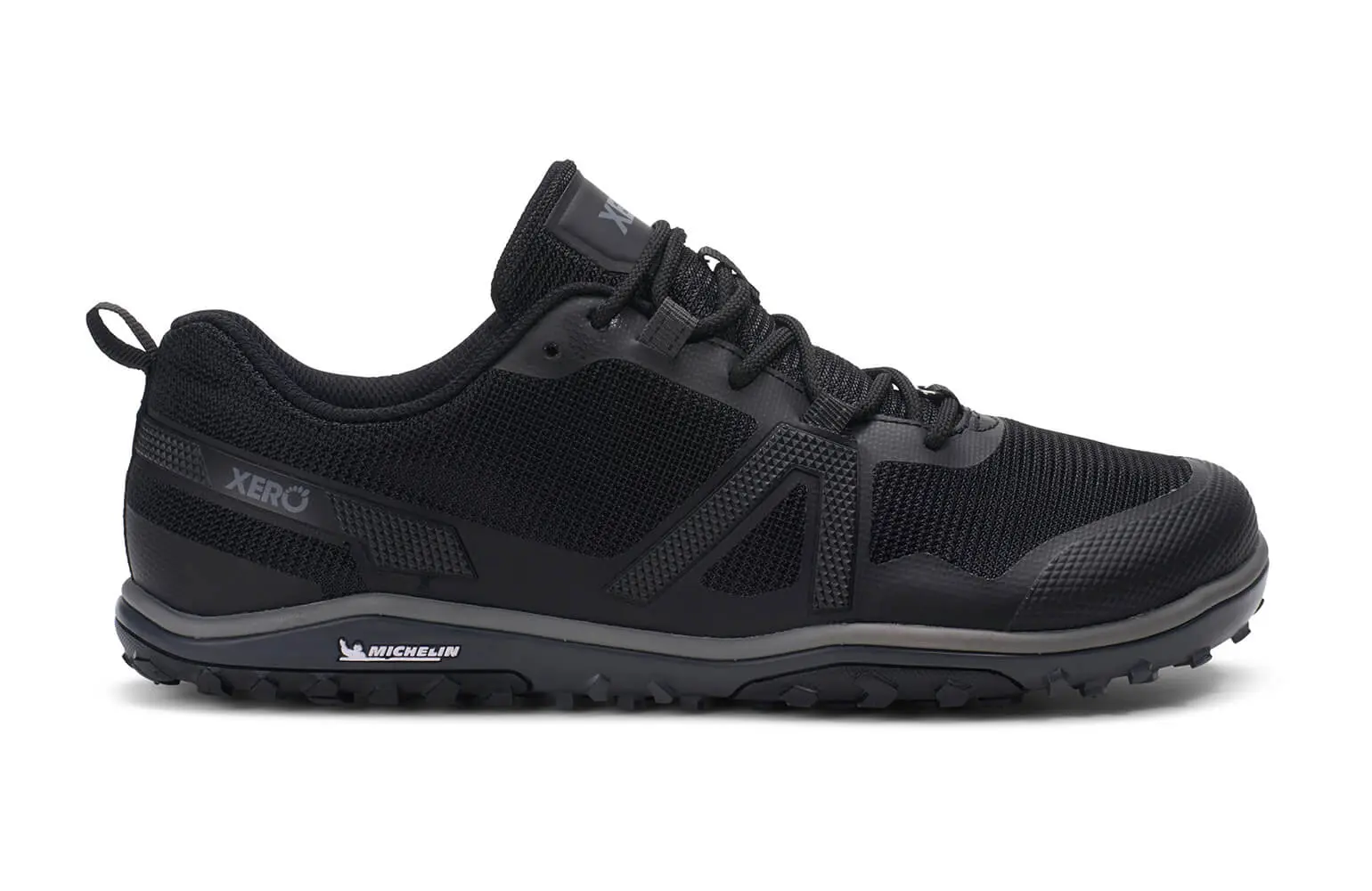 Side profile of the Xero Shoes Scrambler Low EV trail shoe in black