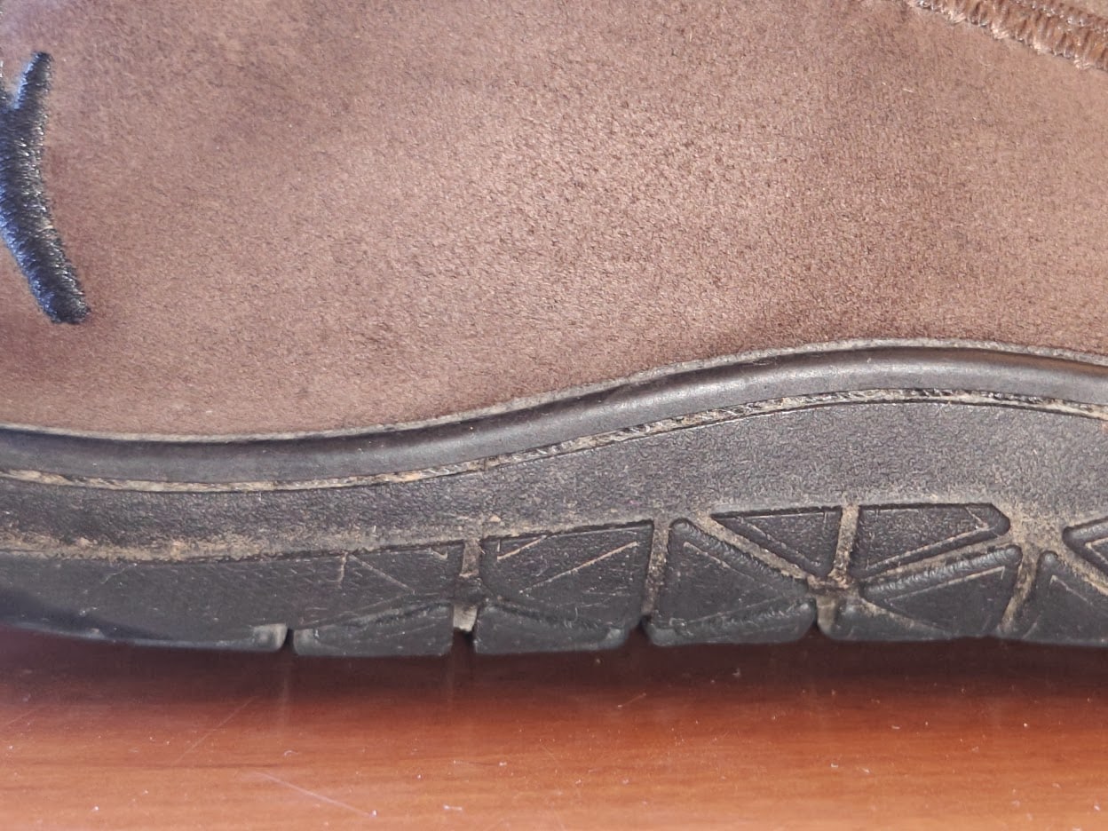 Close-up of Freet Mooch sole showing stitched and glued construction