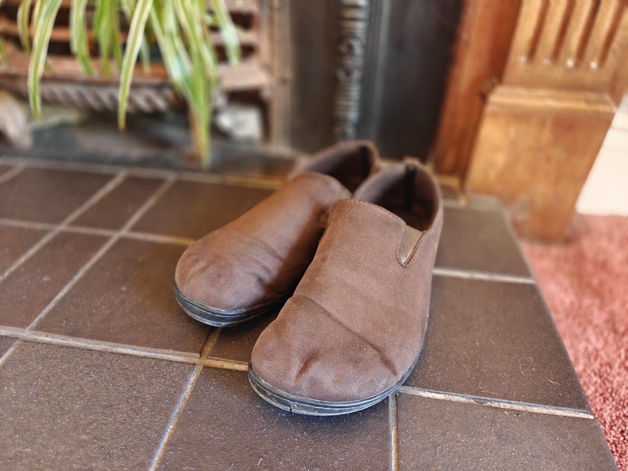 Freet Mooch Brown barefoot shoes front view showing wide toe box after 3 months wear