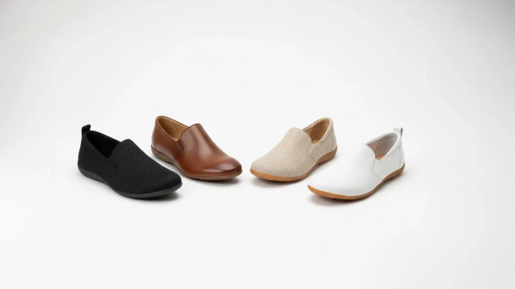 a group of 4 barefoot work shoes designed for standing all day, professional shoes