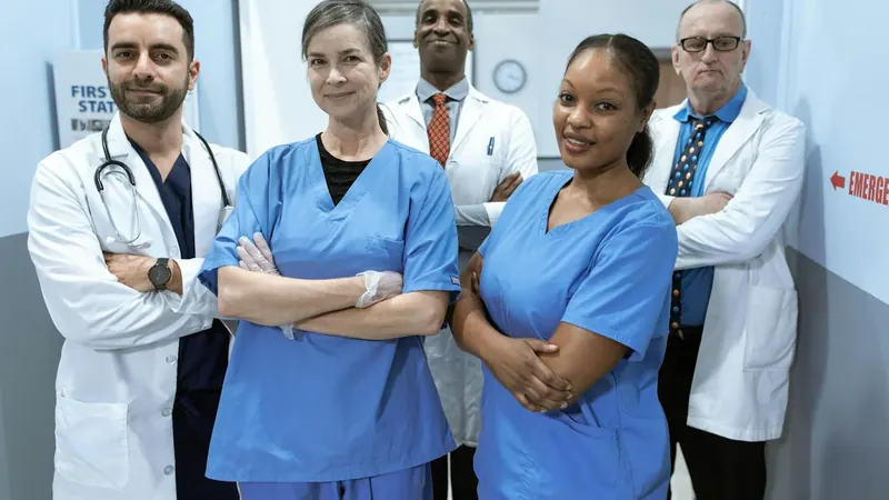 Healthcare worker standing on hospital floor during 12-hour shift demonstrating need for slip-resistant barefoot shoes