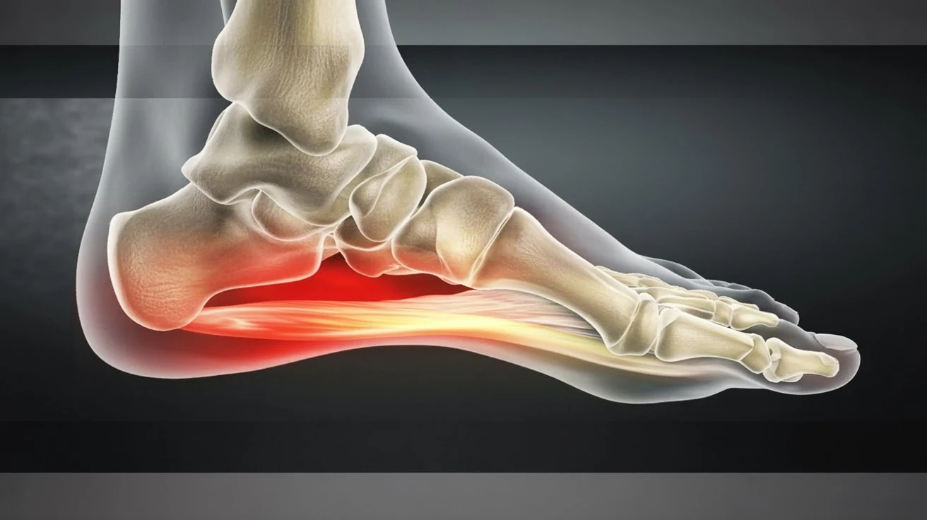 Medical diagram of foot anatomy showing plantar fascia and arch structure