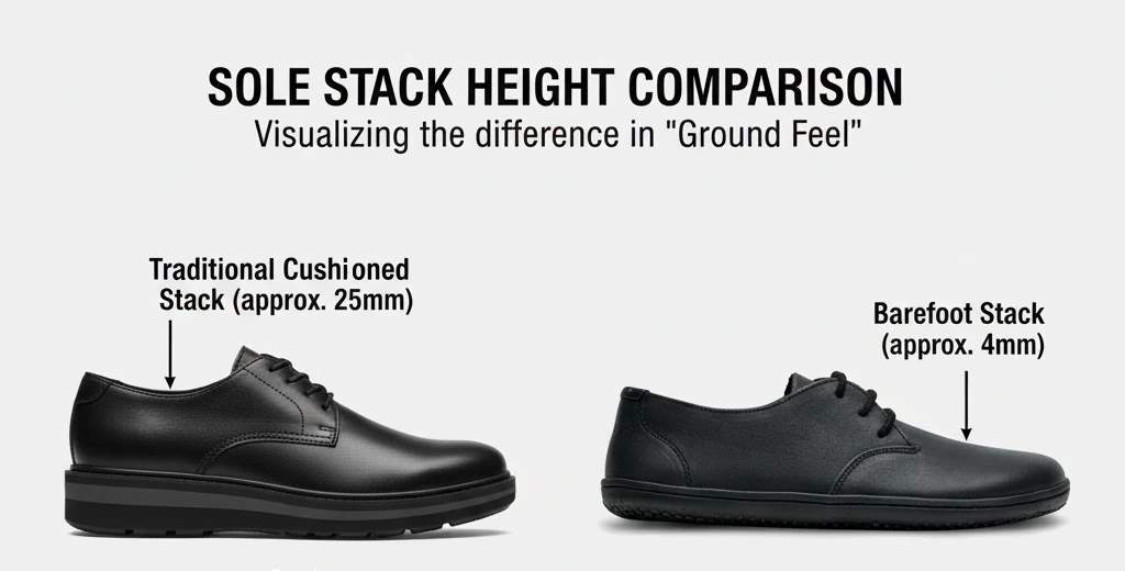 stack height comparison between traditional shoes and barefoot shoes