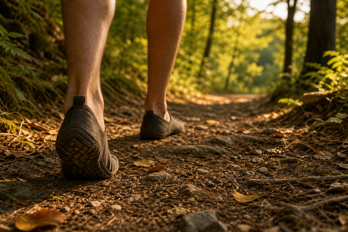 Person walking outdoors in barefoot shoes on a natural trail