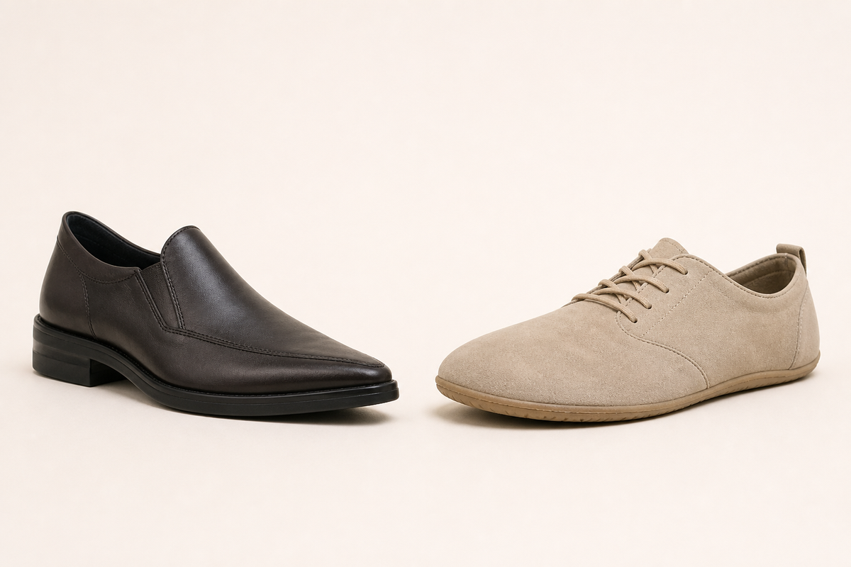 Barefoot shoe compared to a traditional shoe, showing the difference in sole thickness, heel drop, and toe box width