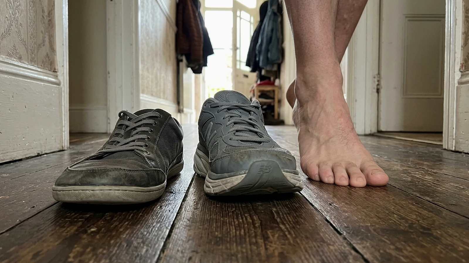 Person choosing between a wide thin barefoot shoe and a cushioned trainer in a home hallway