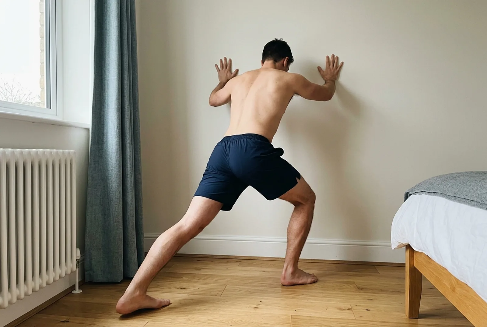 Man doing a standing calf stretch against a wall with one leg back and heels down
