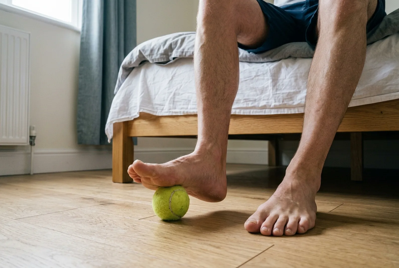 Man rolling a tennis ball under the arch of his bare foot