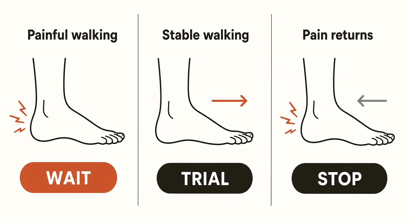 Decision guide showing when to wait, trial or stop barefoot shoes with heel pain